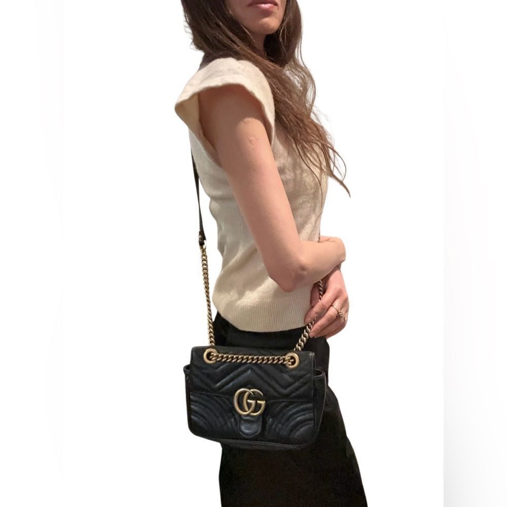Gucci Black Chevron Marmont Bag with Gold Accents